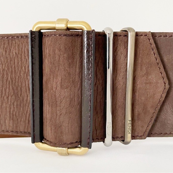 Fendi tri tone metal brown suede leather oversized wide waist belt - Picture 2 of 8